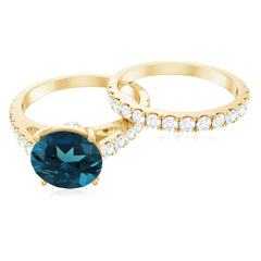 8mm Round London Blue Topaz Solitaire Rings Set with Moissanite Band