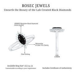 Marquise Cut Lab Grown Black Diamond Ring with Moissanite Halo