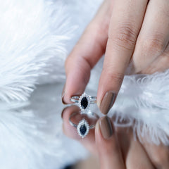 Marquise Cut Lab Grown Black Diamond Ring with Moissanite Halo