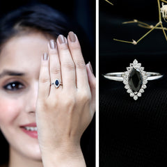 Marquise Cut Lab Grown Black Diamond Ring with Moissanite Halo