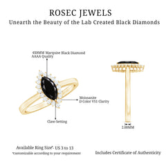 Marquise Cut Lab Grown Black Diamond Ring with Moissanite Halo