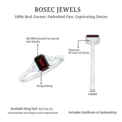 Certified Natural Garnet Emerald Cut Engagement Ring With Diamond Trio