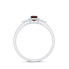 Certified Natural Garnet Emerald Cut Engagement Ring With Diamond Trio