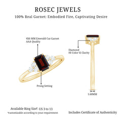 Certified Natural Garnet Emerald Cut Engagement Ring With Diamond Trio