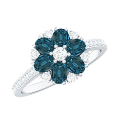 Natural London Blue Topaz Flower Engagement Ring with Diamond