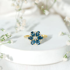 Natural London Blue Topaz Flower Engagement Ring with Diamond