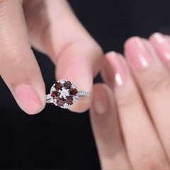 Natural Garnet Flower Engagement Ring with Diamond