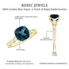 Cushion Cut London Blue Topaz Vintage Engagement Ring with Diamonds