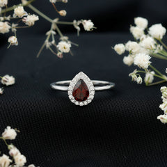 Classic Garnet Teardrop Engagement Ring with Diamond Halo