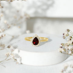 Classic Garnet Teardrop Engagement Ring with Diamond Halo