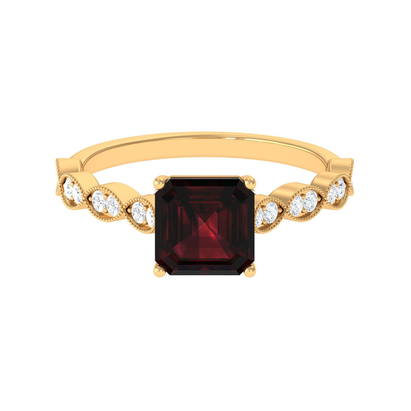 Natural 8mm Garnet Asscher Cut Engagement Ring with Diamond