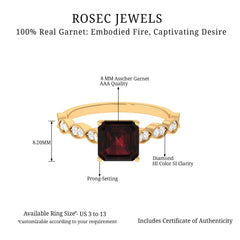 Natural 8mm Garnet Asscher Cut Engagement Ring with Diamond