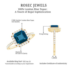 8mm Asscher Cut London Blue Topaz Vintage Engagement Ring with Diamond Halo