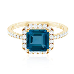 8mm Asscher Cut London Blue Topaz Vintage Engagement Ring with Diamond Halo