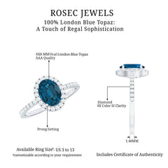 6X8mm Oval Cut London Blue Topaz Classic Engagement Ring with Diamond Halo