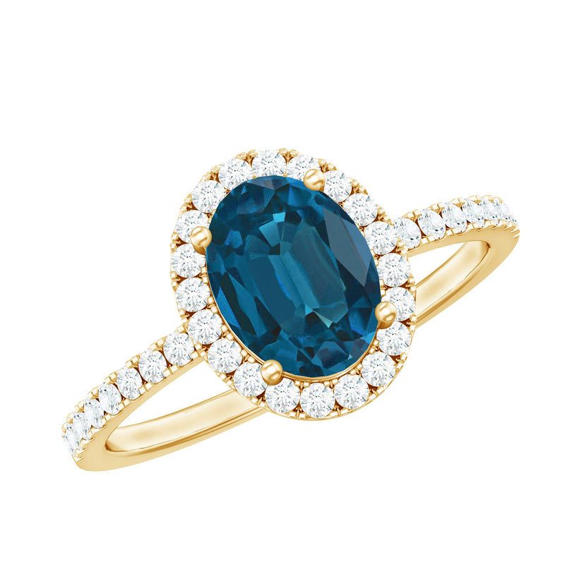 6X8mm Oval Cut London Blue Topaz Classic Engagement Ring with Diamond Halo