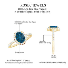 6X8mm Oval Cut London Blue Topaz Classic Engagement Ring with Diamond Halo