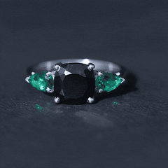 Cushion Cut Created Black Diamond Three Stone Ring