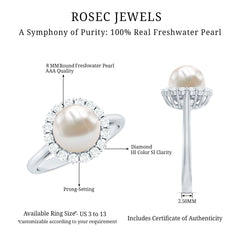 Simple Freshwater Pearl Ring with Diamond Halo