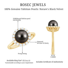 Natural Tahitian Pearl and Diamond Halo Engagement Ring