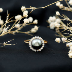 Natural Tahitian Pearl and Diamond Halo Engagement Ring