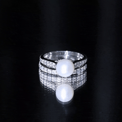 8 MM Round Shape Real Pearl Engagement Ring Set with Moissanite