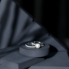 8 MM Round Shape Real Pearl Engagement Ring Set with Moissanite