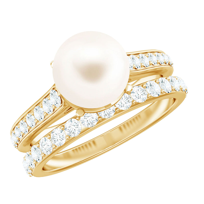8 MM Round Shape Real Pearl Engagement Ring Set with Moissanite