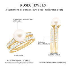 8 MM Round Shape Real Pearl Engagement Ring Set with Moissanite