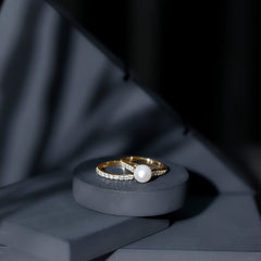 8 MM Round Shape Real Pearl Engagement Ring Set with Moissanite