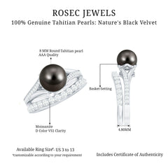 Designer Tahitian Black Pearl Wedding Ring Set with Moissanite