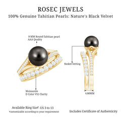 Designer Tahitian Black Pearl Wedding Ring Set with Moissanite