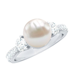 Classic Freshwater Pearl Solitaire and Moissanite Side Stone Ring