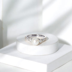 Classic Freshwater Pearl Solitaire and Moissanite Side Stone Ring