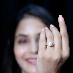 Classic Freshwater Pearl Solitaire and Moissanite Side Stone Ring