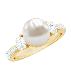 Classic Freshwater Pearl Solitaire and Moissanite Side Stone Ring