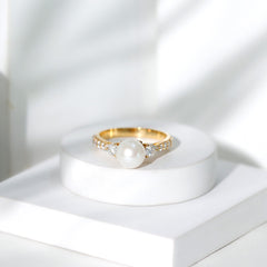 Classic Freshwater Pearl Solitaire and Moissanite Side Stone Ring