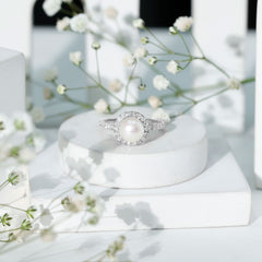 8 MM Freshwater Pearl and Diamond Floating Halo Engagement Ring