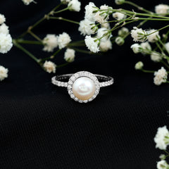 8 MM Freshwater Pearl and Diamond Floating Halo Engagement Ring