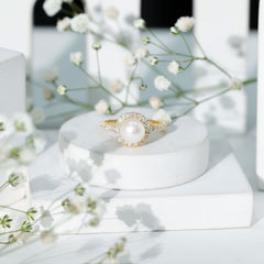 8 MM Freshwater Pearl and Diamond Floating Halo Engagement Ring