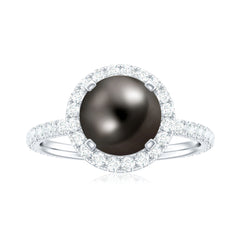 Halo Engagement Ring with Tahitian Pearl and Diamond