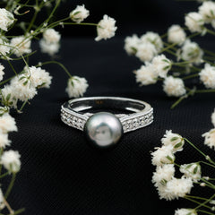 Natural Tahitian Pearl Cathedral Engagement Ring with Diamond Side Stones