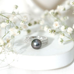 Natural Tahitian Pearl Cathedral Engagement Ring with Diamond Side Stones