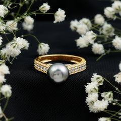 Natural Tahitian Pearl Cathedral Engagement Ring with Diamond Side Stones