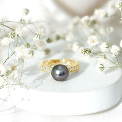 Natural Tahitian Pearl Cathedral Engagement Ring with Diamond Side Stones