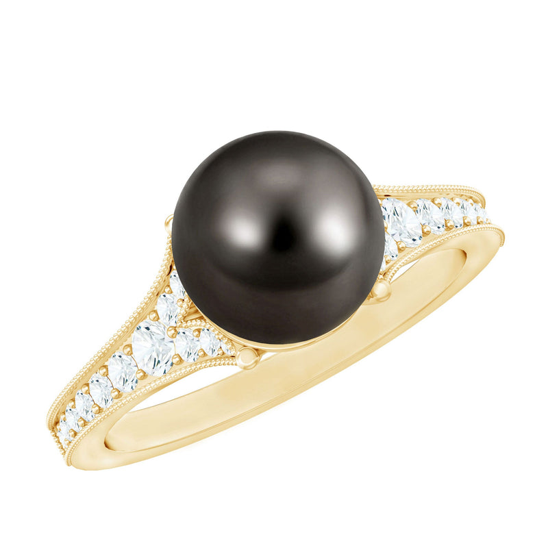 8 CT Tahitian Black Pearl Cathedral Engagement Ring with Diamonds