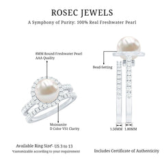Freshwater Pearl and Moissanite Halo Wedding Ring Set in Gold