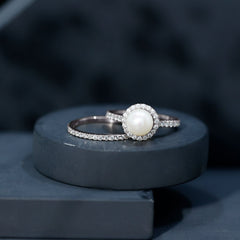 Freshwater Pearl and Moissanite Halo Wedding Ring Set in Gold