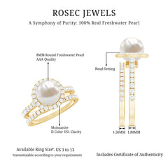 Freshwater Pearl and Moissanite Halo Wedding Ring Set in Gold