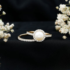 Freshwater Pearl and Moissanite Halo Wedding Ring Set in Gold